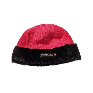 Spyder Women's Cable Knit Faux Fur Beanie Hat One Size Pink Black